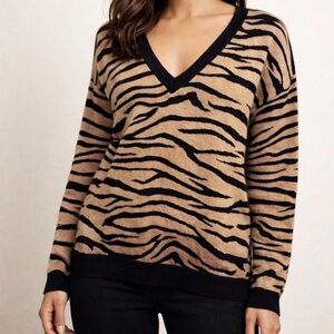 Leo & Ugo Zebra Print V-Neck Sweater Brown Black Knit Size 2